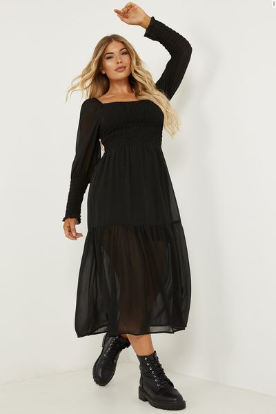 Petite Black Chiffon Shirred Tiered Midi Dress